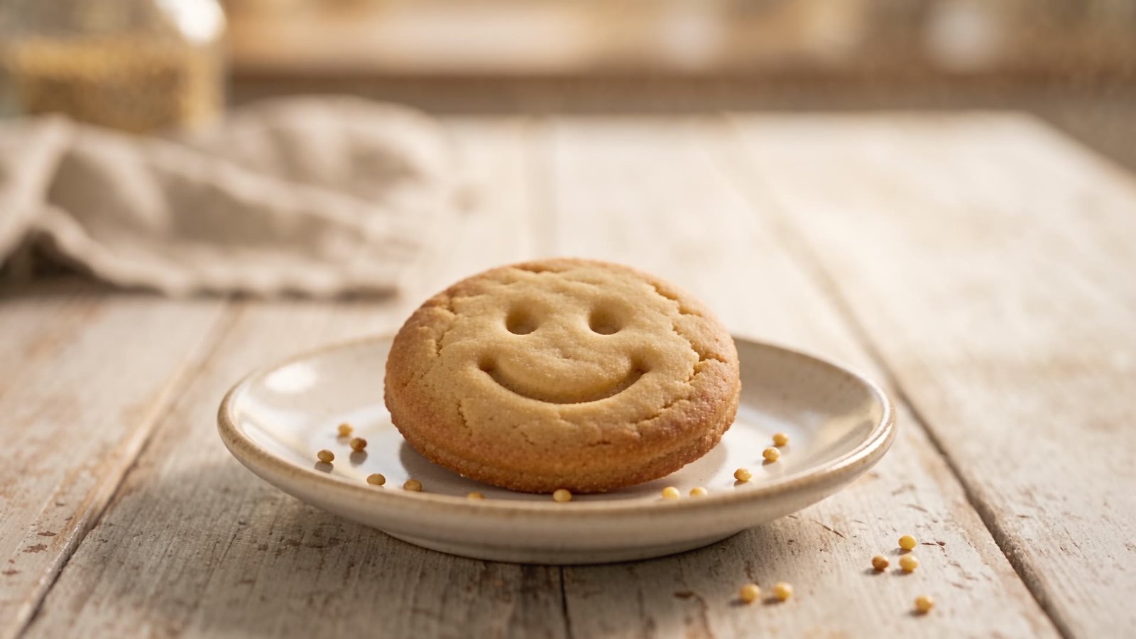 A golden millet cookie with a smiley face on a cream plate.